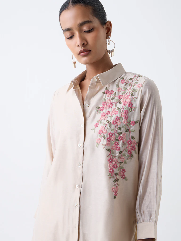 Vark Beige Floral Embroidered Co-ord Set - Image 3
