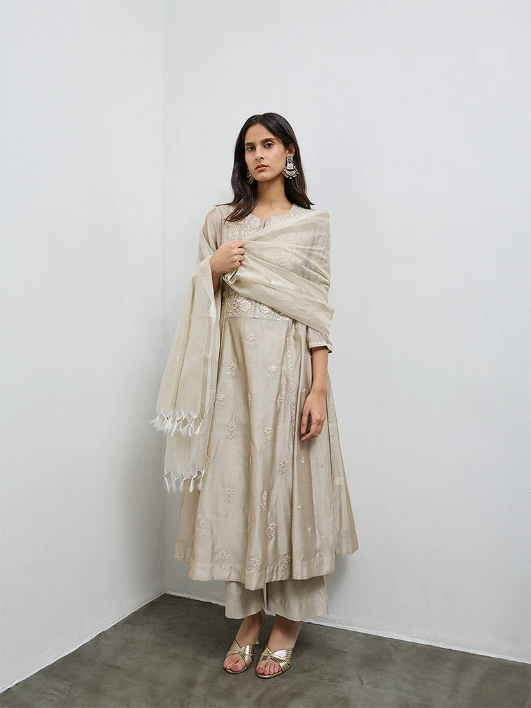 Vark Beige Floral Embroidered Cotton-Blend Anarkali Ethnic Set - Image 2