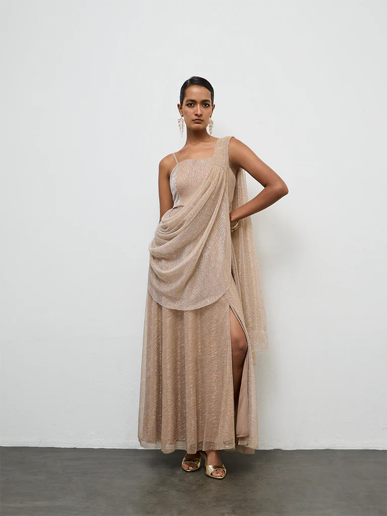 Vark Beige Shimmer Ready-To-Wear Saree