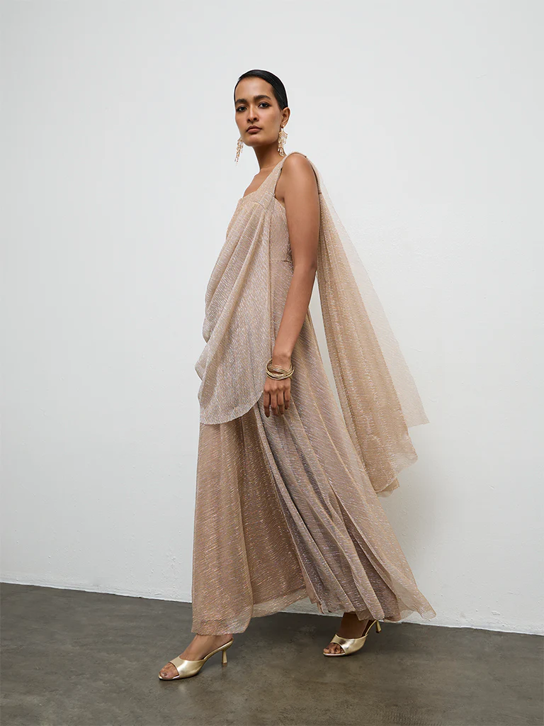 Vark Beige Shimmer Ready-To-Wear Saree - Image 2