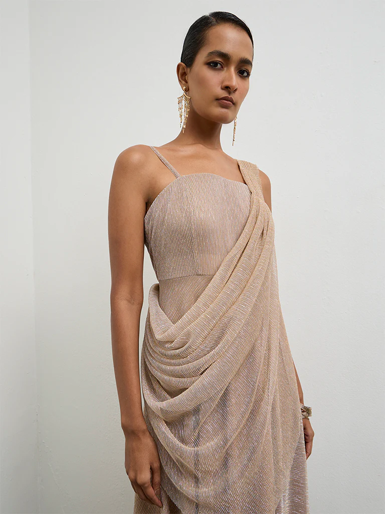 Vark Beige Shimmer Ready-To-Wear Saree - Image 3