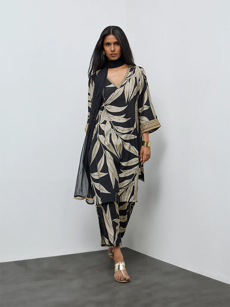 Vark Black Botanical Pattern A-Line Ethnic Set - Image 2