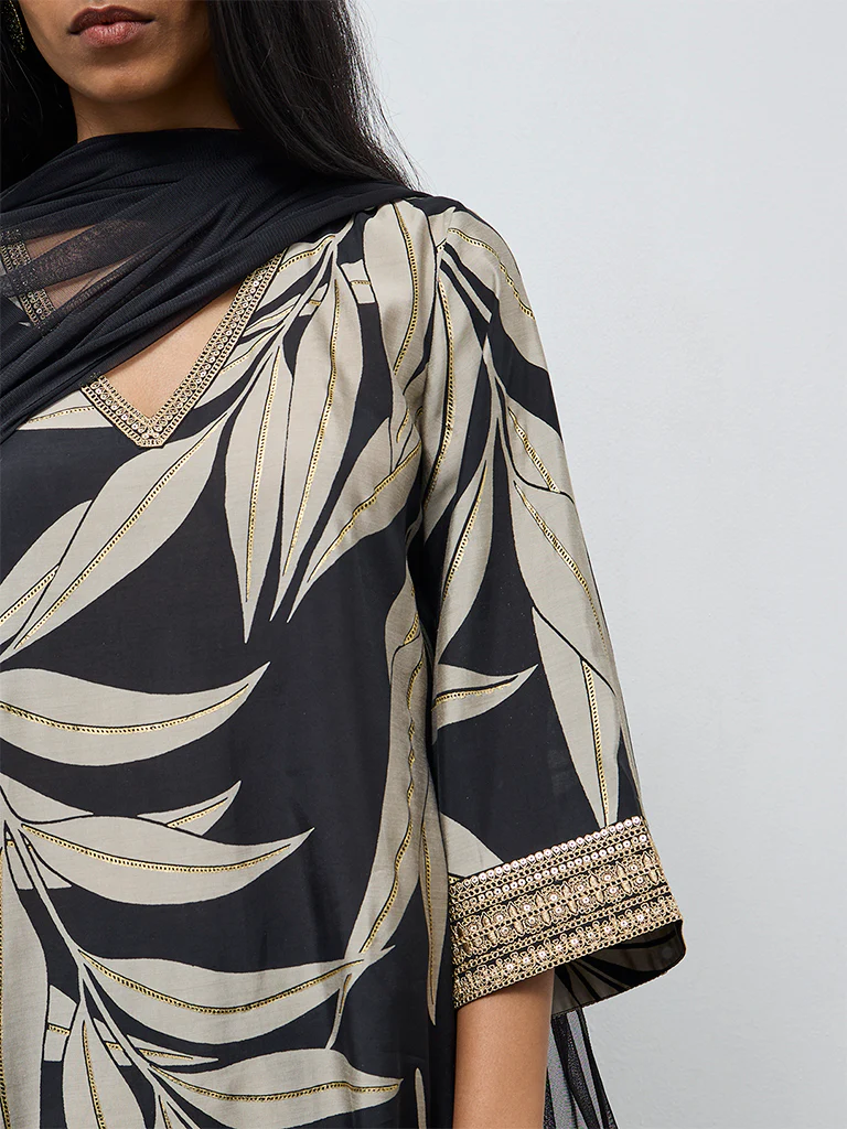 Vark Black Botanical Pattern A-Line Ethnic Set - Image 3
