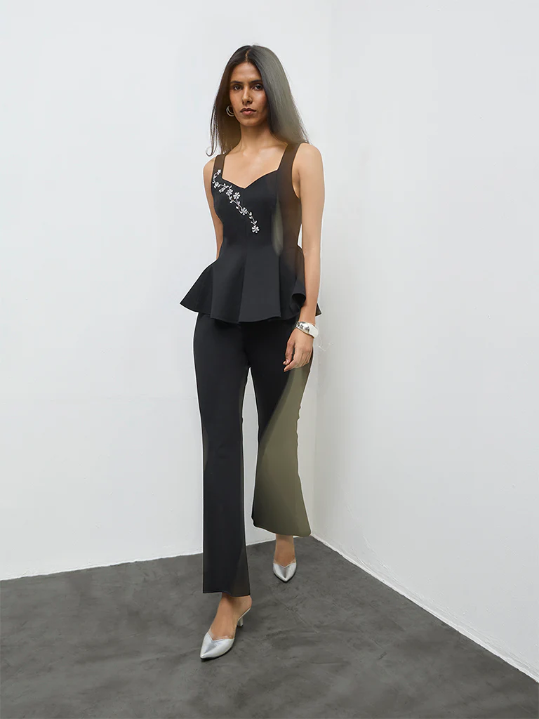 Vark Black Embellished Cotton Peplum Top - Image 2