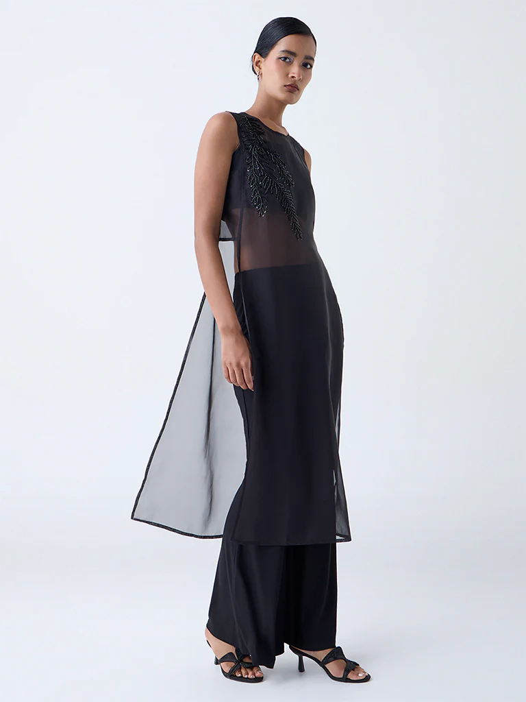 Vark Black Embellished Sheer Kurta with Inner