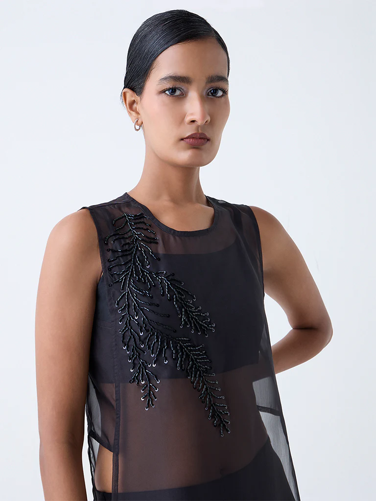 Vark Black Embellished Sheer Kurta with Inner - Image 3