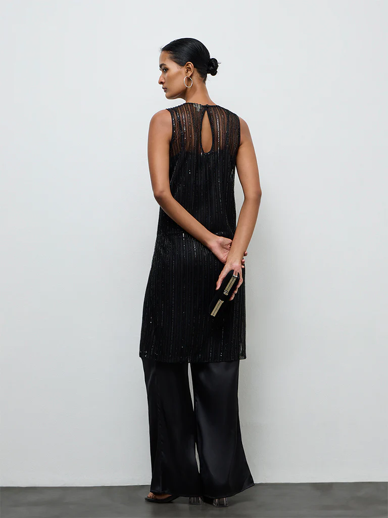 Vark Black Embellished Straight Ethnic Set with a Camisole - Image 4