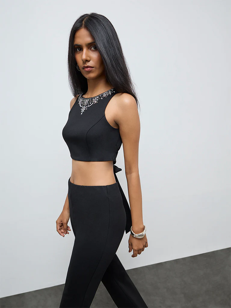 Vark Black Embellished Tie-Up Cotton Top