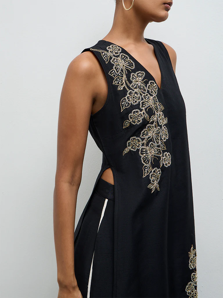 Vark Black Embroidered Straight Ethnic Set - Image 3