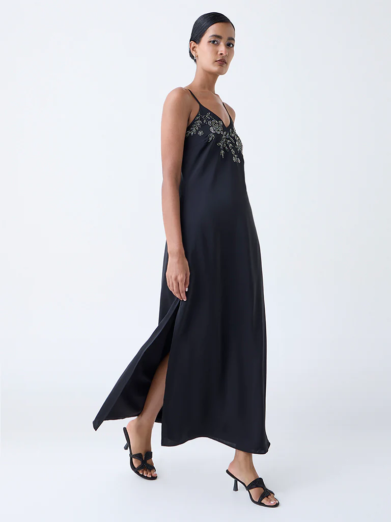 Vark Black Floral Embellished A-Line Dress - Image 2