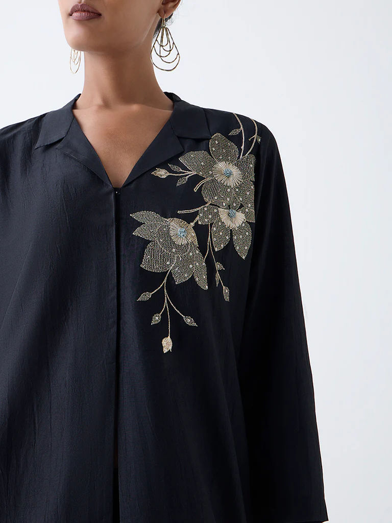 Vark Black Floral Embellished A-Line Ethnic Set - Image 3