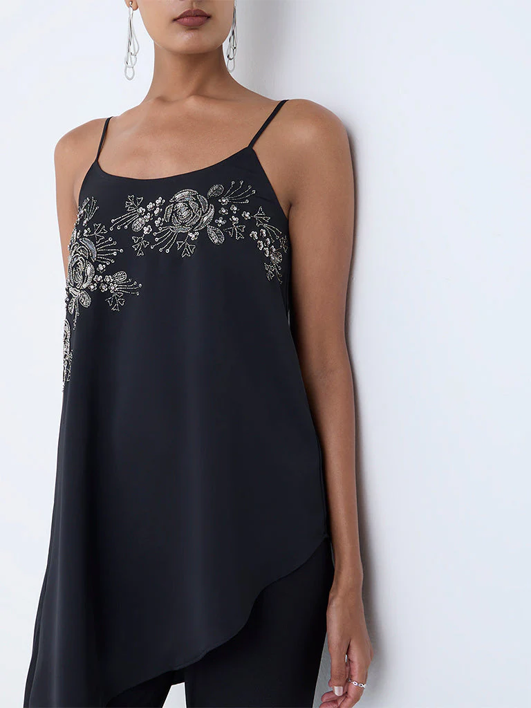 Vark Black Floral Embellished Asymmetrical Top - Image 3