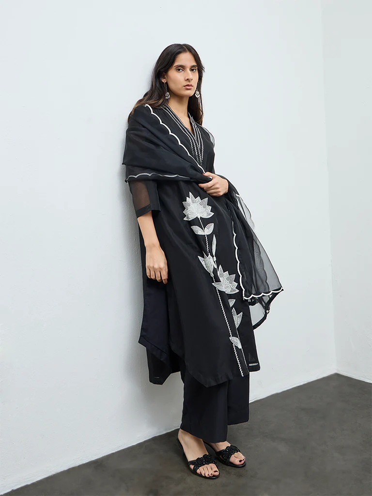 Vark Black Floral Embroidered A-Line Ethnic Set - Image 2