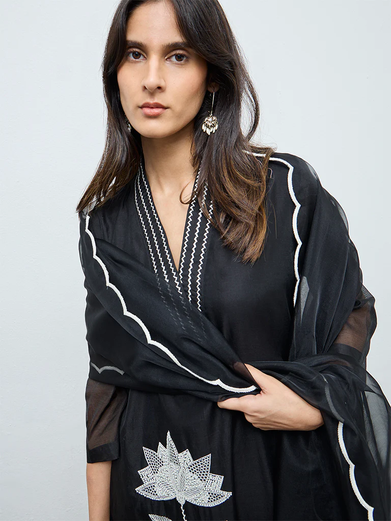 Vark Black Floral Embroidered A-Line Ethnic Set - Image 3