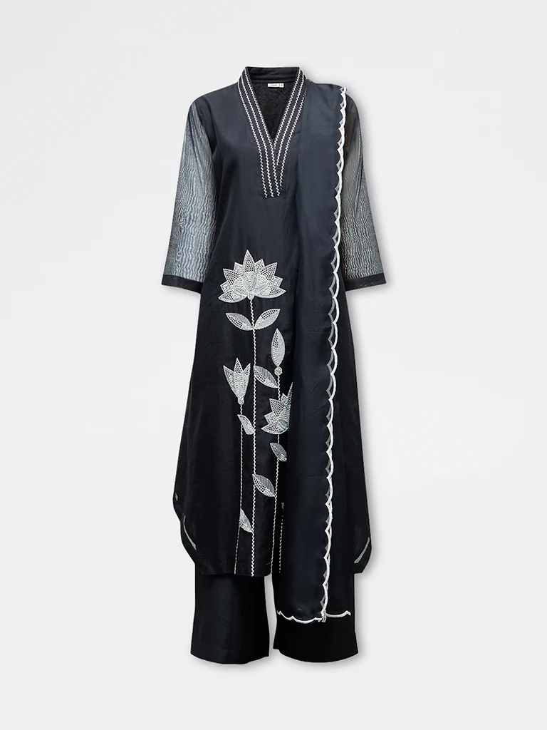 Vark Black Floral Embroidered A-Line Ethnic Set - Image 5