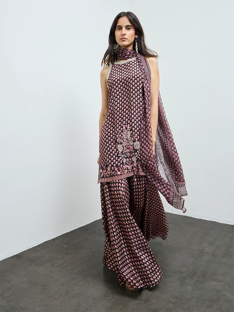 Vark Black Floral Printed A-Line Ethnic Set - Image 2
