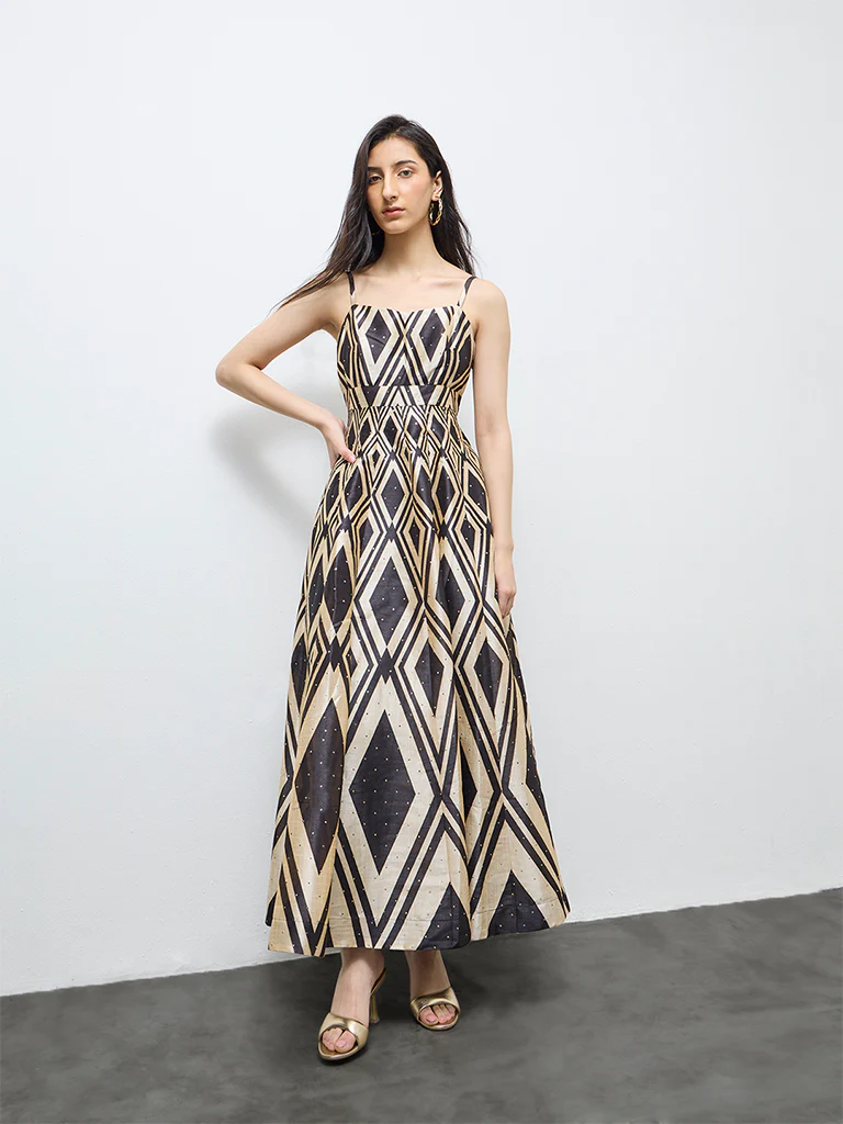 Vark Black Geometric Printed A-Line Dress