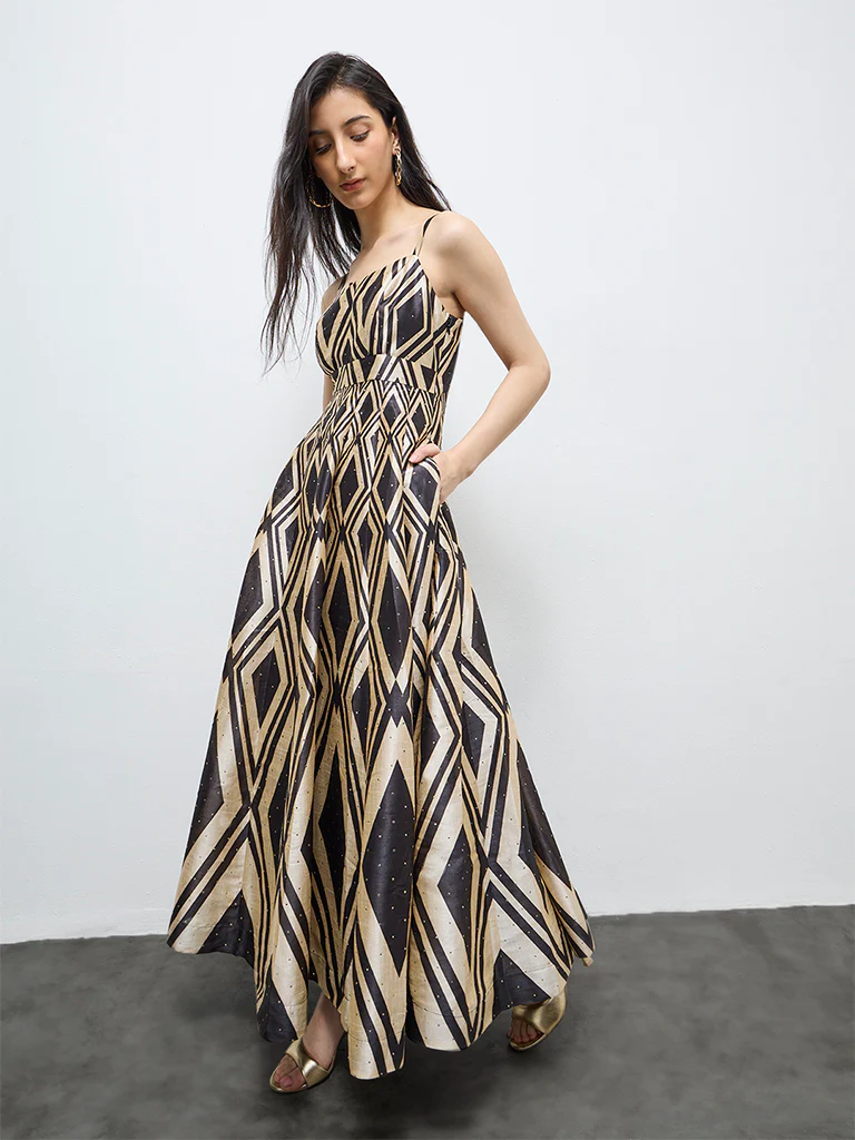 Vark Black Geometric Printed A-Line Dress - Image 2