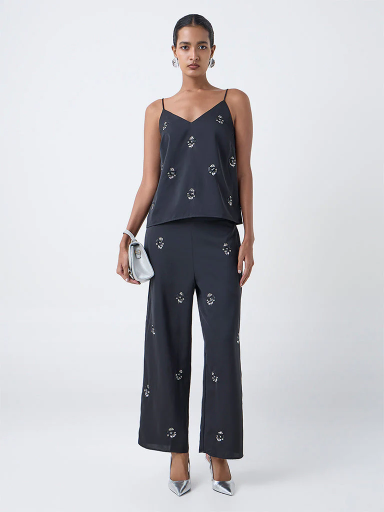 Vark Black Sequin Embellished Top and Pants Set