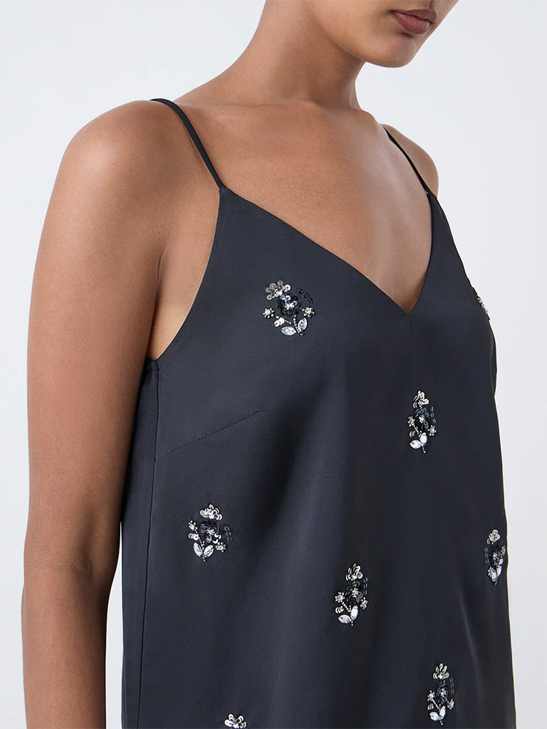 Vark Black Sequin Embellished Top and Pants Set - Image 3