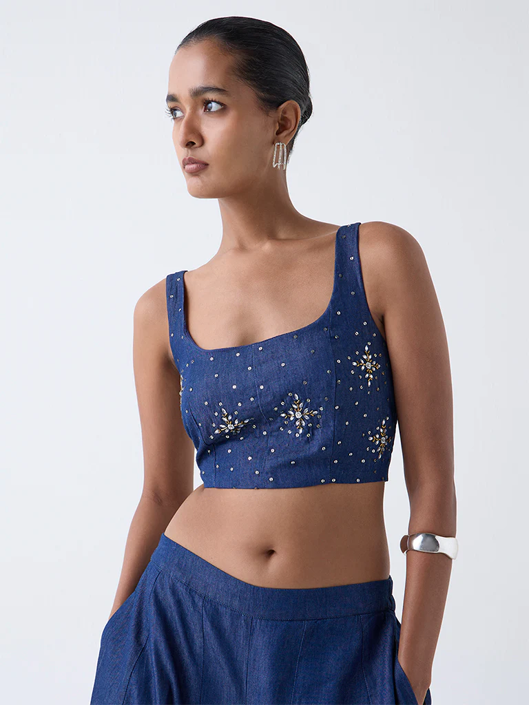 Vark Blue Embellished Cotton Ethnic Top