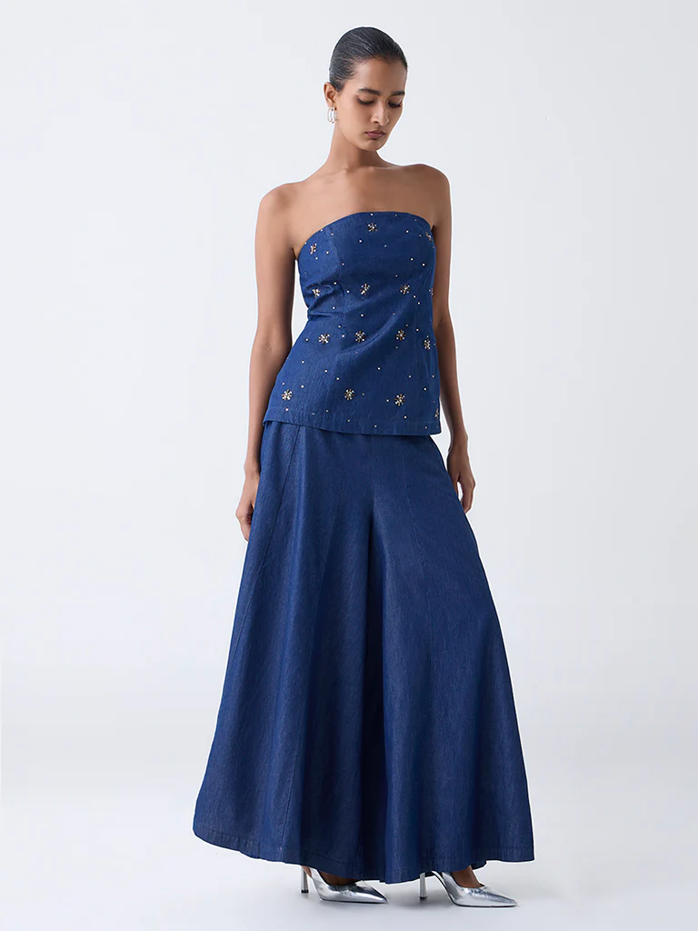 Vark Blue Embellished Cotton Tube Top - Image 2