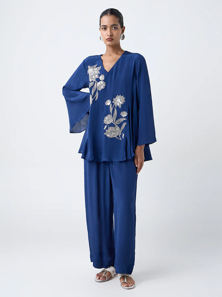 Vark Blue Floral Embroidered Ethnic Set