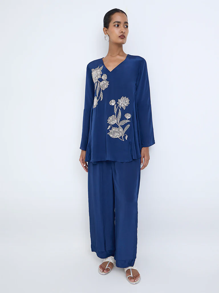 Vark Blue Floral Embroidered Ethnic Set - Image 2