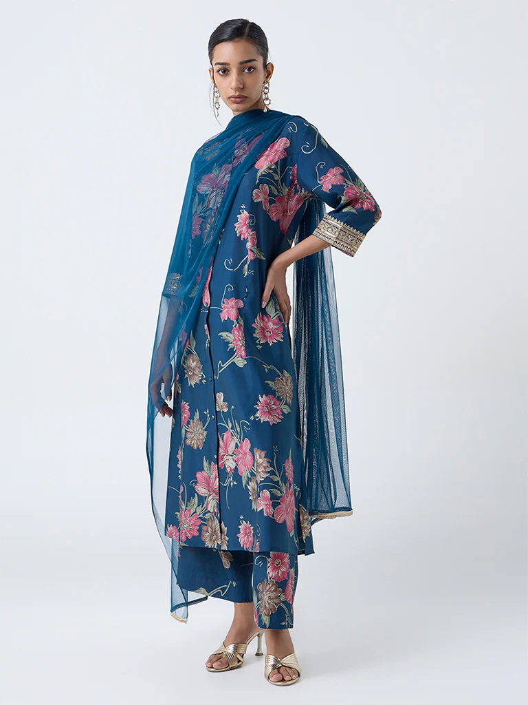 Vark Blue Floral Pattern A-Line Ethnic Set - Image 2