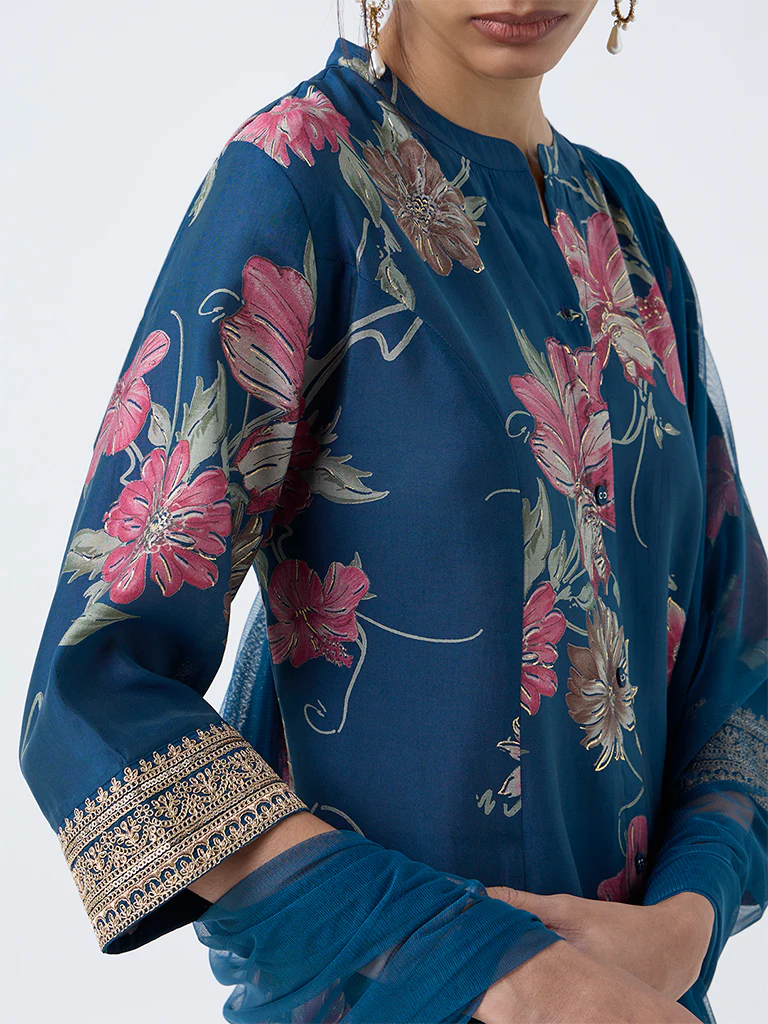 Vark Blue Floral Pattern A-Line Ethnic Set - Image 3