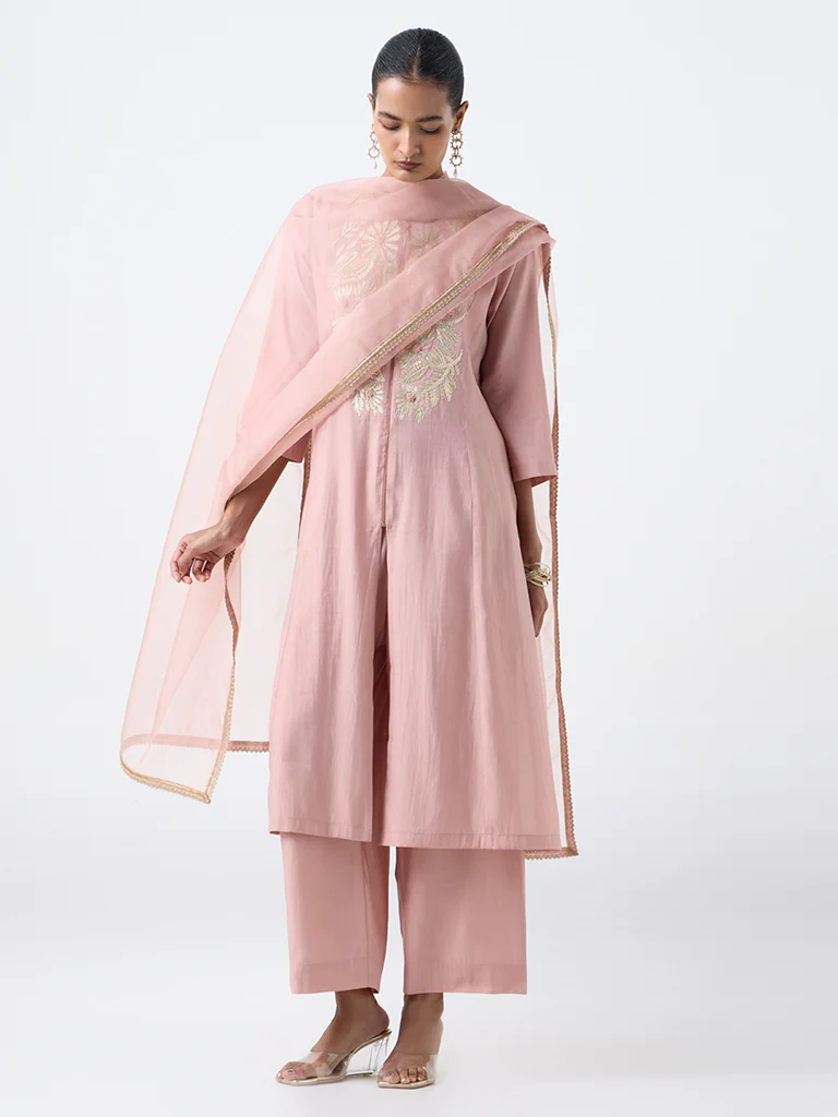 Vark Blush Pink Floral Embroidered A-Line Cotton-Blend Ethnic Set - Image 2
