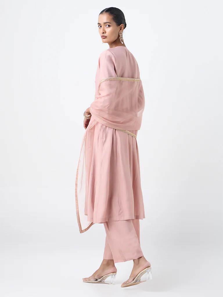 Vark Blush Pink Floral Embroidered A-Line Cotton-Blend Ethnic Set - Image 4