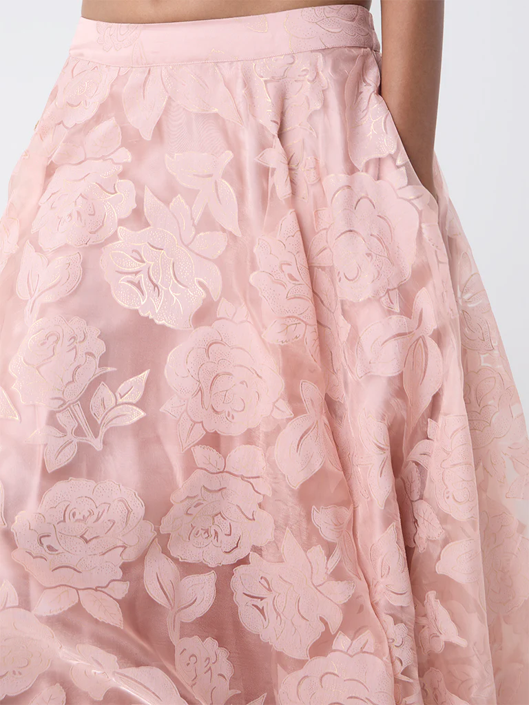 Vark Blush Pink Floral Pattern Cotton-Blend Skirt - Image 3