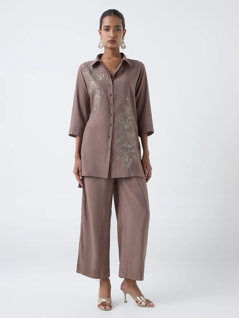 Vark Brown Floral Embroidered Co-ord Set - Image 2
