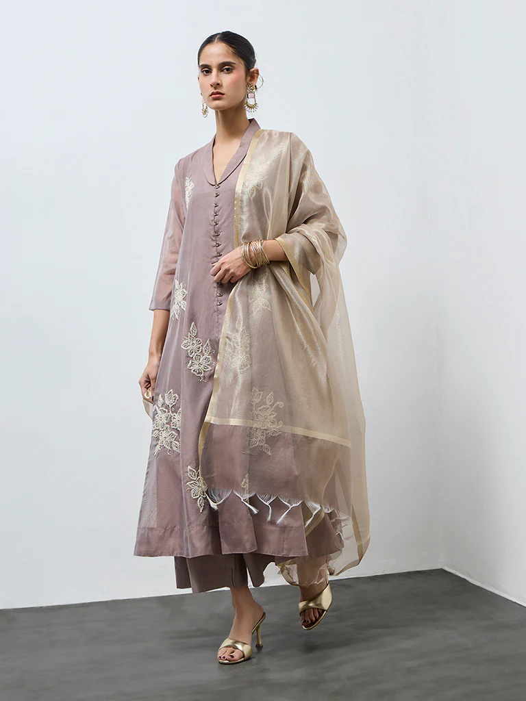 Vark Brown Floral Embroidered Cotton-Blend A-Line Ethnic Set - Image 2