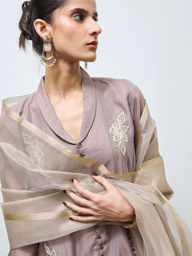Vark Brown Floral Embroidered Cotton-Blend A-Line Ethnic Set - Image 3