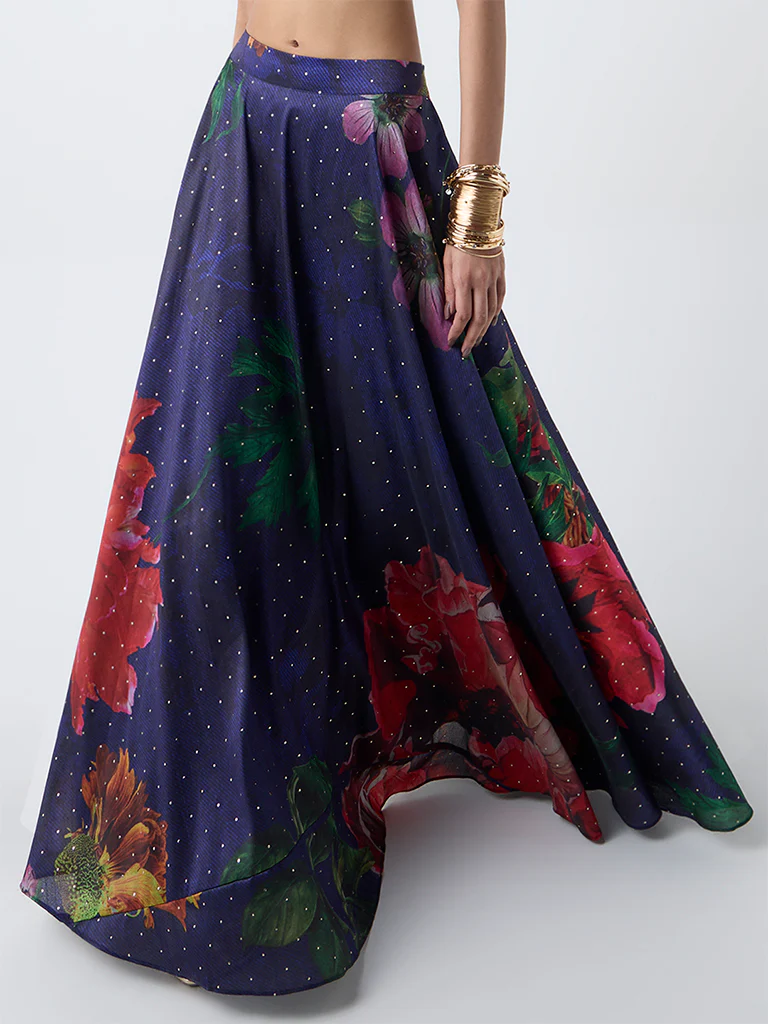 Vark Dark Blue Foliage Design Maxi Skirt - Image 2