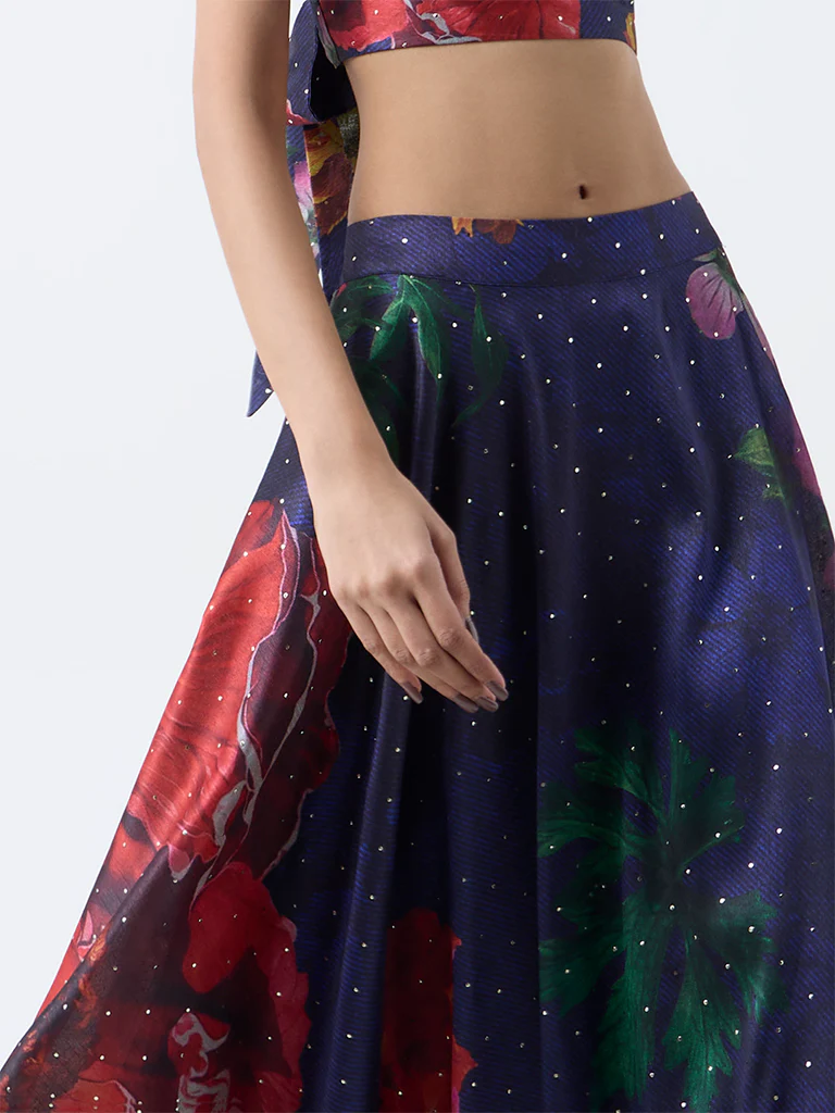 Vark Dark Blue Foliage Design Maxi Skirt - Image 3