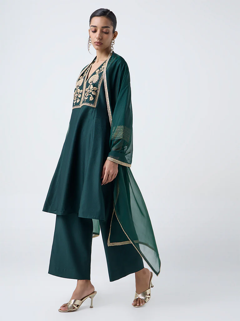Vark Dark Green Garwal Embroidered A-Line Ethnic Set - Image 2