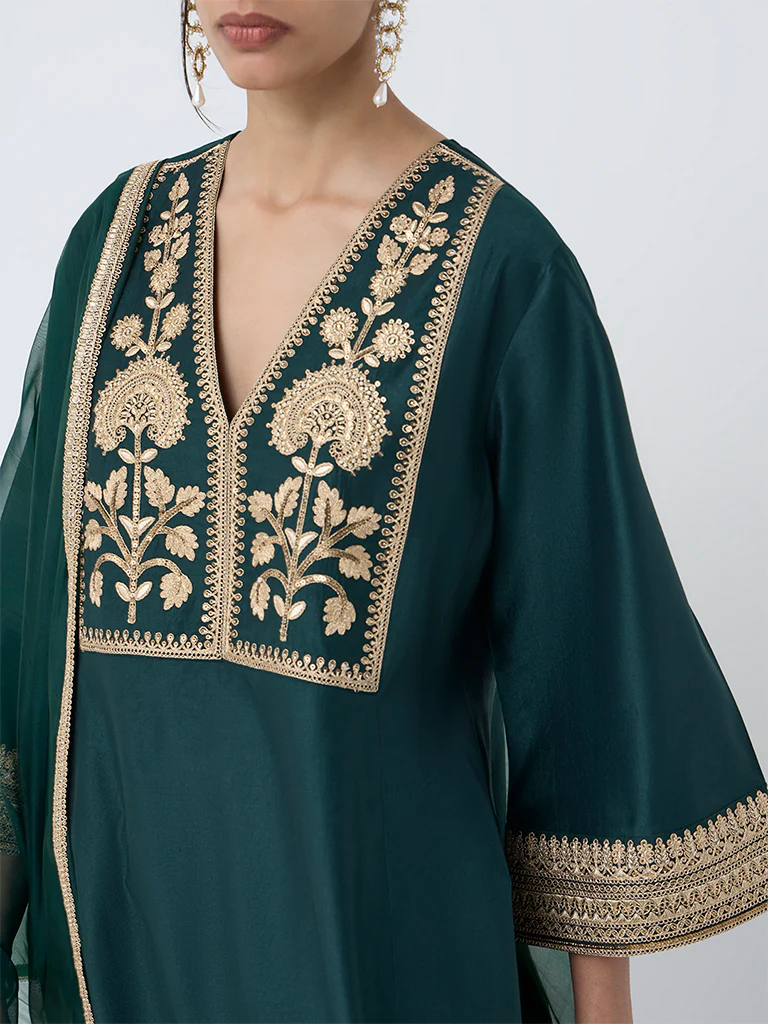 Vark Dark Green Garwal Embroidered A-Line Ethnic Set - Image 3