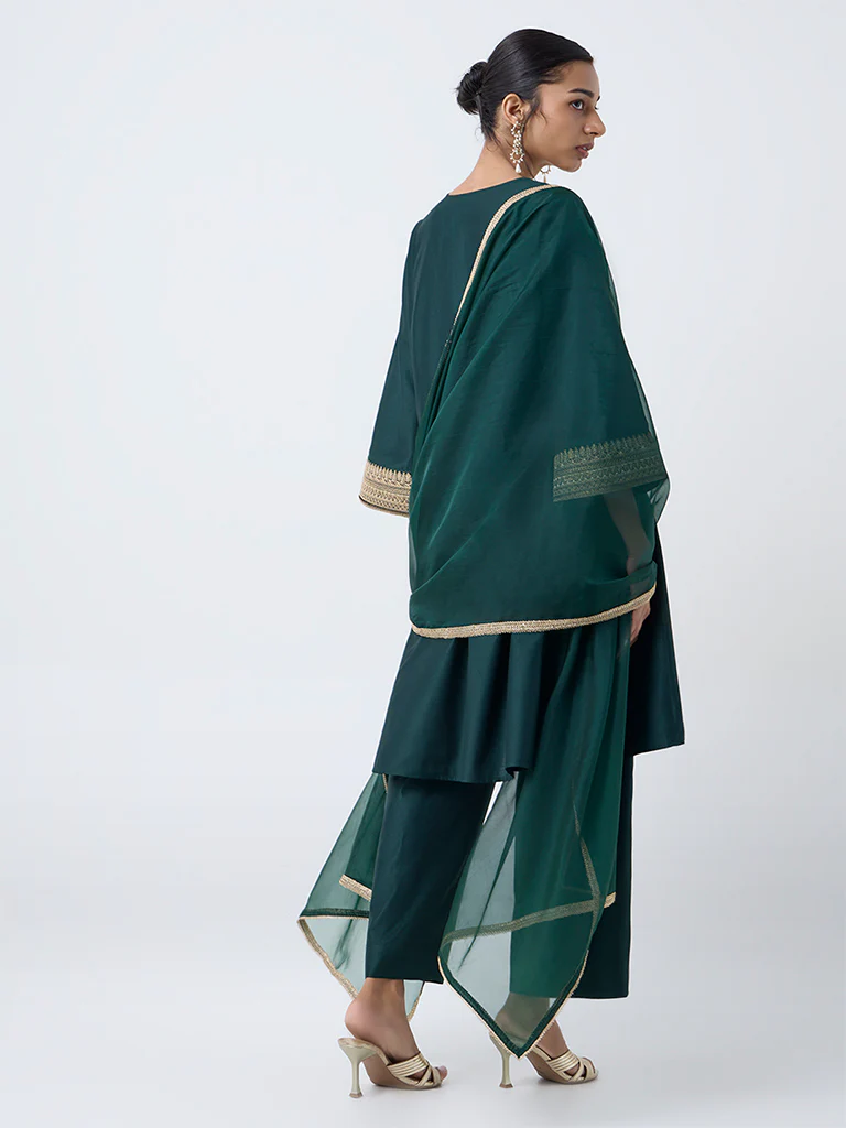Vark Dark Green Garwal Embroidered A-Line Ethnic Set - Image 4
