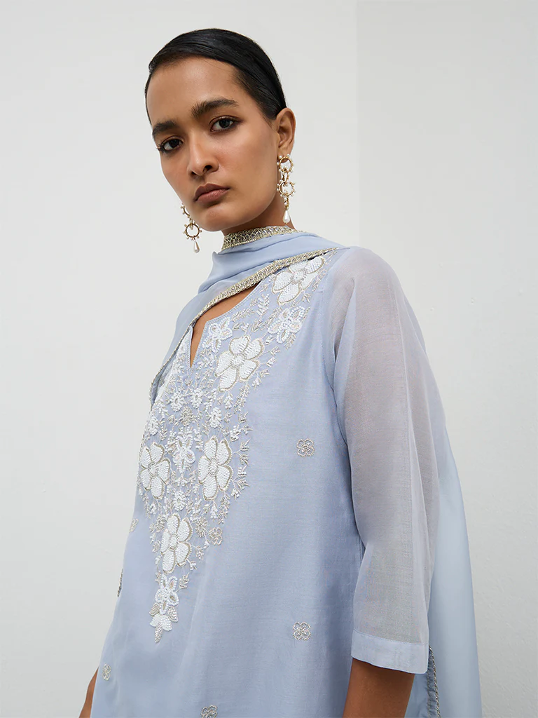 Vark Dusty Blue Embellished A-Line Ethnic Set - Image 3