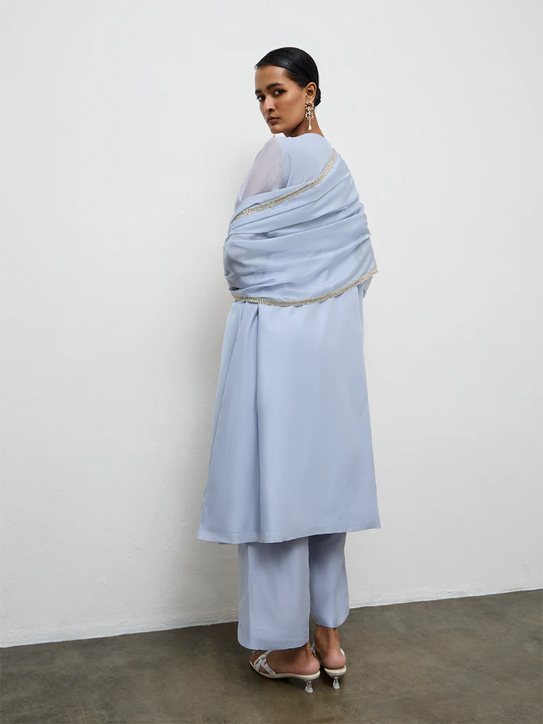 Vark Dusty Blue Embellished A-Line Ethnic Set - Image 4