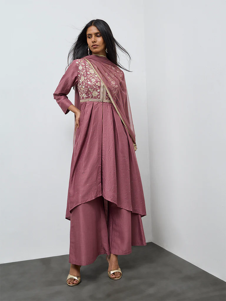 Vark Dusty Mauve Floral Embroidered High-Low Ethnic Set - Image 2