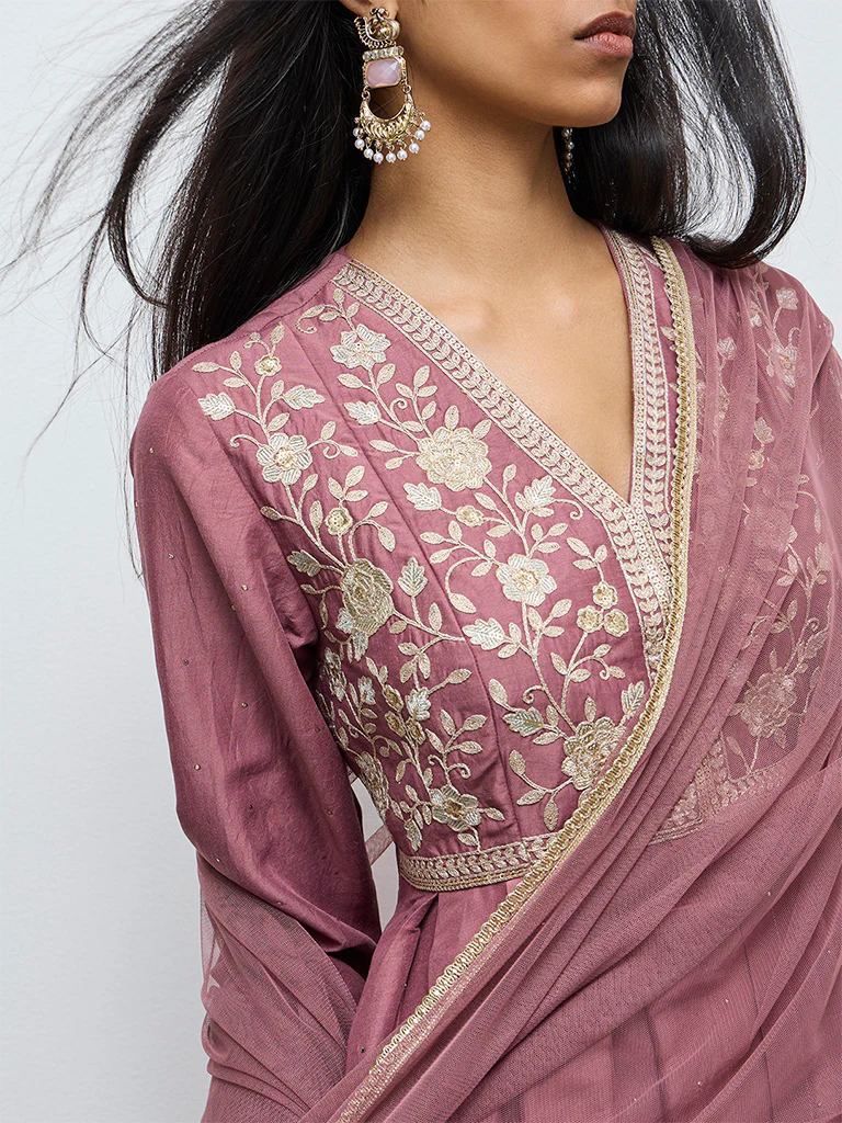 Vark Dusty Mauve Floral Embroidered High-Low Ethnic Set - Image 3