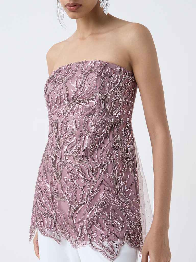 Vark Dusty Pink Embellished Peplum Top - Image 3