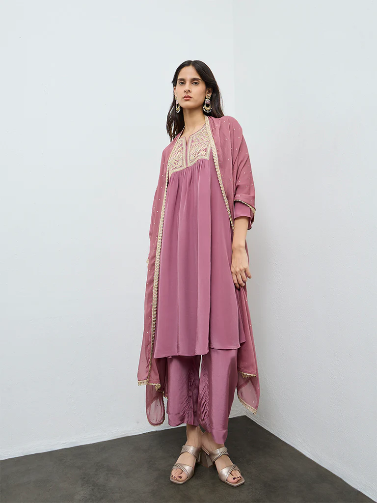 Vark Dusty Pink Embroidered A-Line Ethnic Set - Image 2
