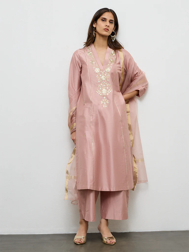 Vark Dusty Pink Embroidered A-Line Ethnic Set - Image 2