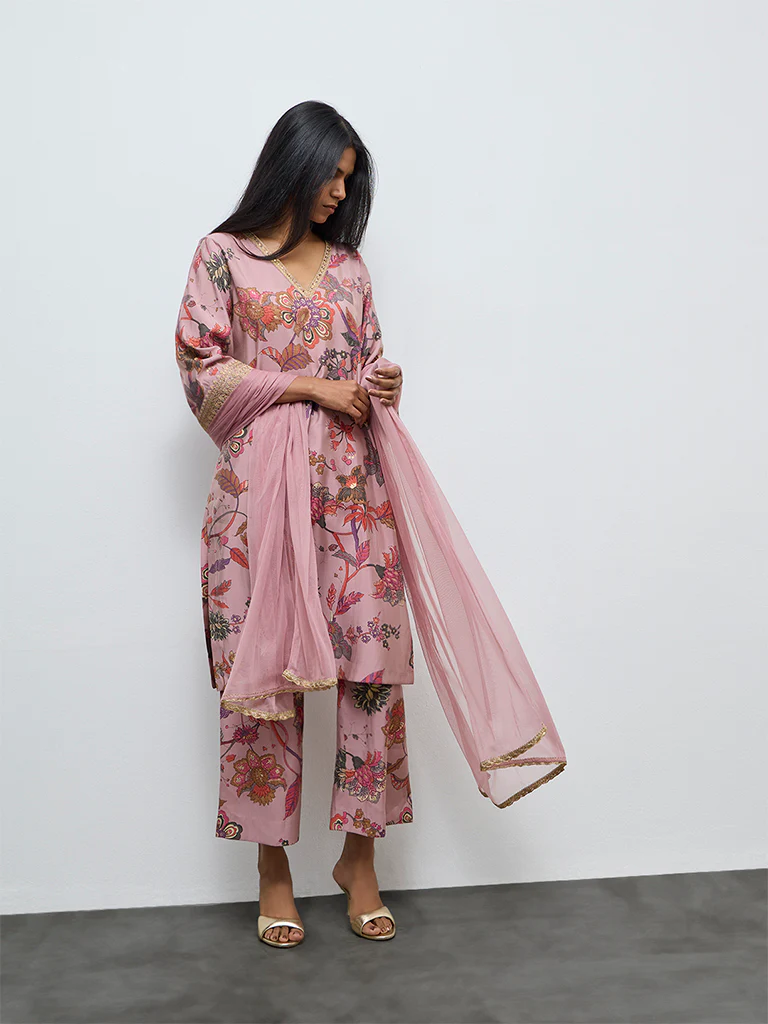 Vark Dusty Pink Floral A-Line Ethnic Set - Image 2