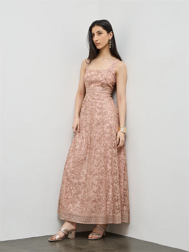 Vark Dusty Pink Floral Embroidered A-Line Dress - Image 2